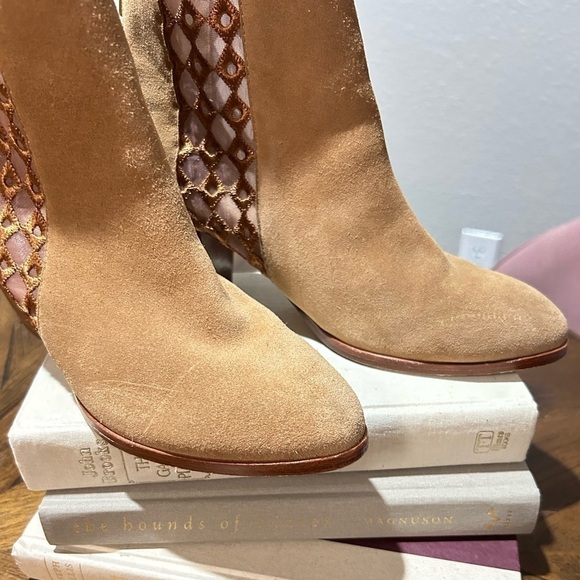 Anthropologie Camel Suede Sheer Side Ankle Boots - Picture 7 of 9